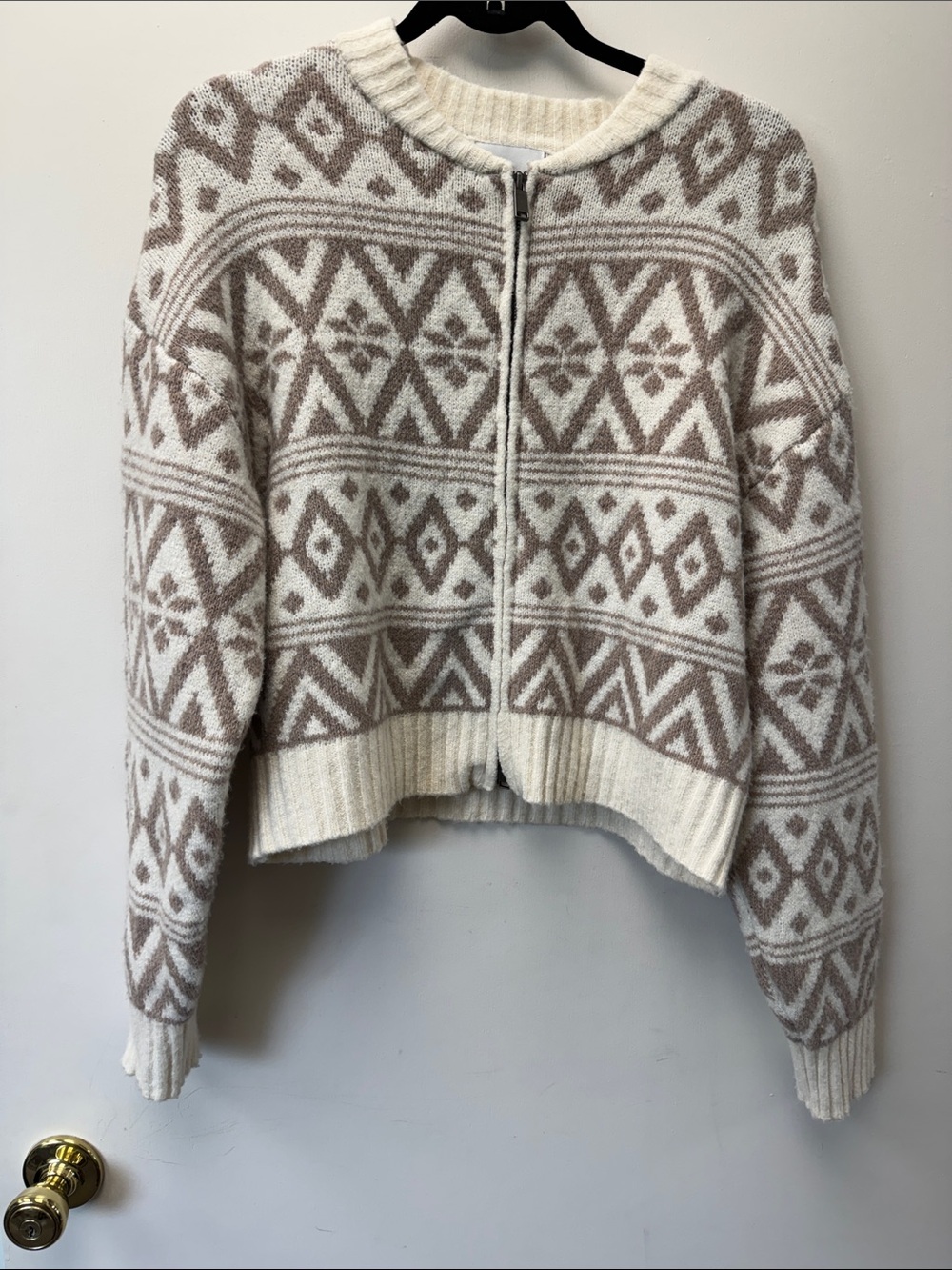 Pink Rose Cream & Taupe Geometric Zip Cardigan